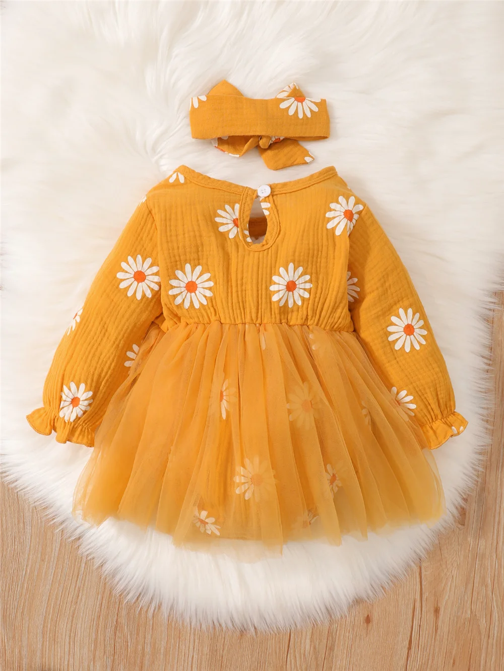 Newborn Baby Girls Cute Daisy Long Sleeves Tulle Patchwork Bodysuit Holiday Party Princess Dress for Infant Girl 0-18 Months