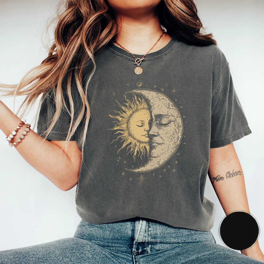 Mystical Sun and Moon Face Comfort Unisex T-Shirt Chic Vintage Bohemian Attire Apparel Short Sleeve Trendy Y2K Casual Streetwear