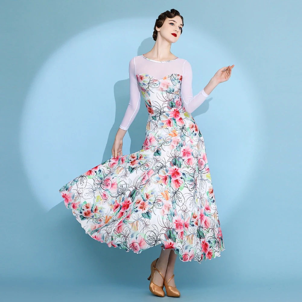 Abito da ballo valzer a maniche lunghe da competizione Abito da ballo standard blu Concorso girocollo Elegante abito da flamenco