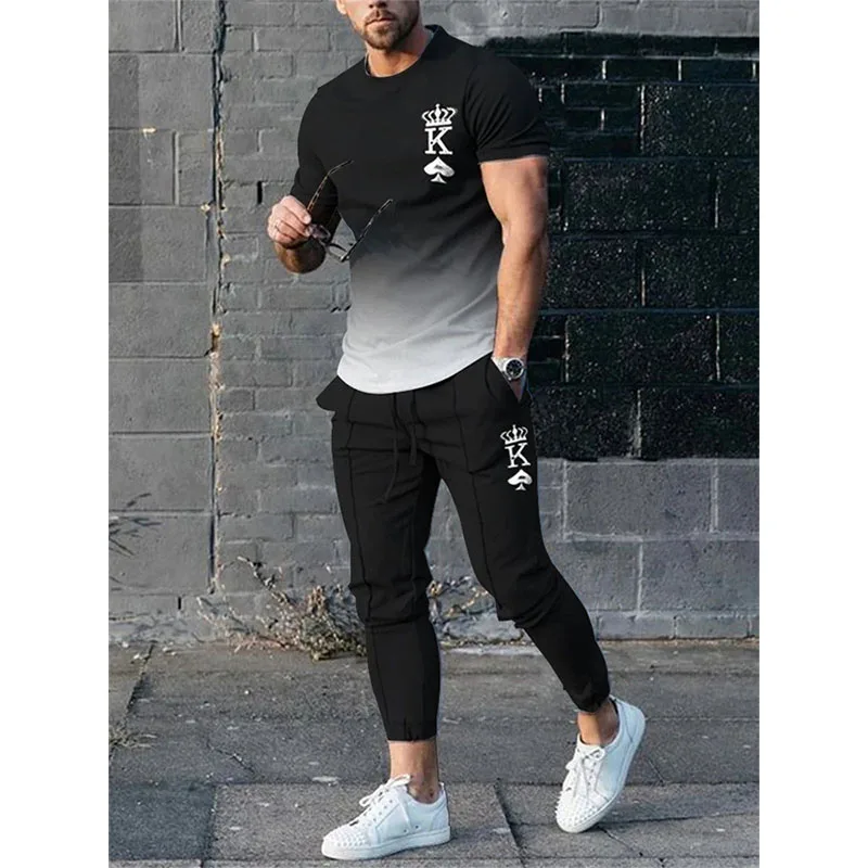 Men\'s T Shirt Set Letter K 3D Print T-shirt Pants Tracksuit Male T Shirts Trousers 2 Pieces Streetwear Oversized Suit Sportswear