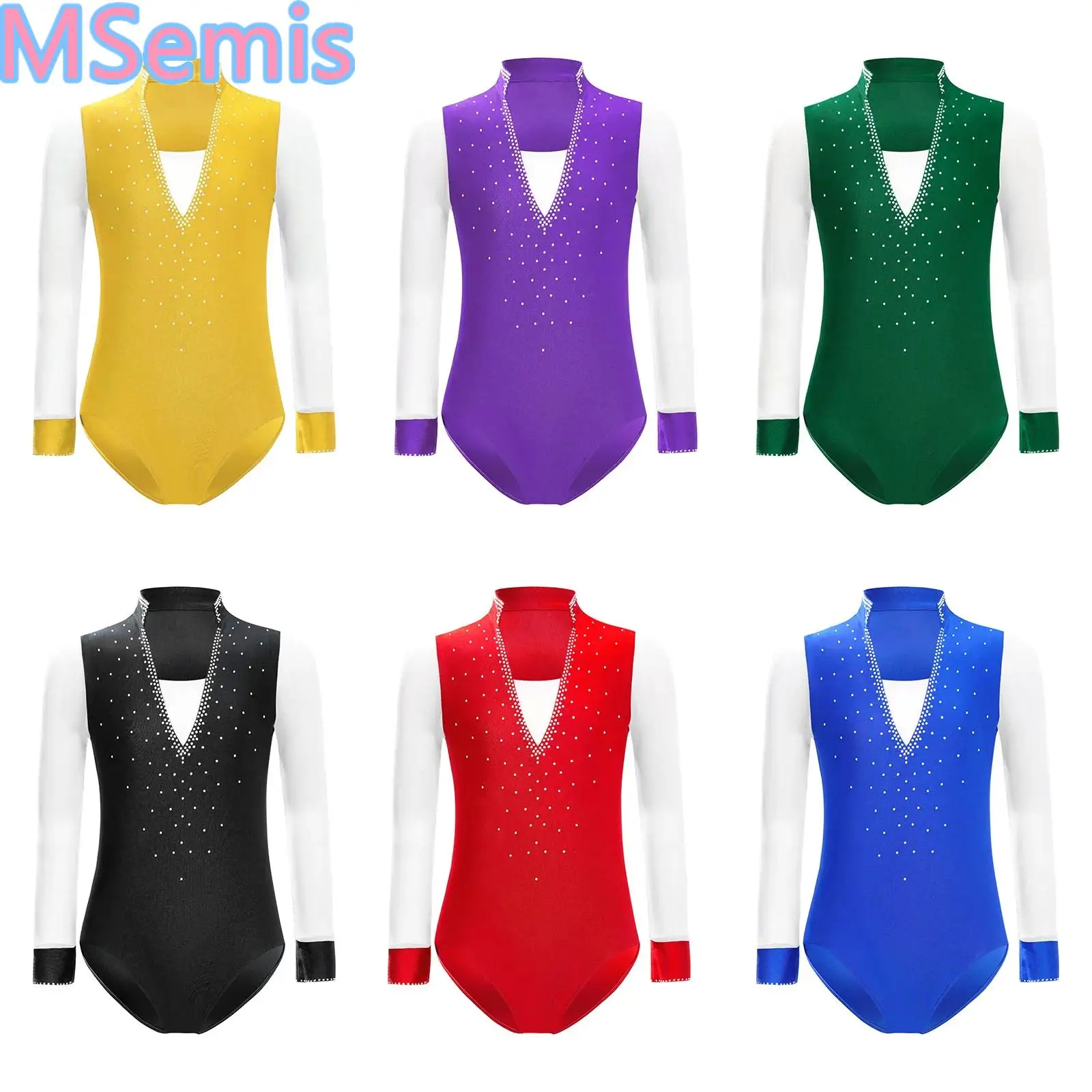 

Kids Boys Figure Skating Leotard Sheer Mesh Long Sleeve Shiny Rhinestones Leotard for Dancewear Performance Competition