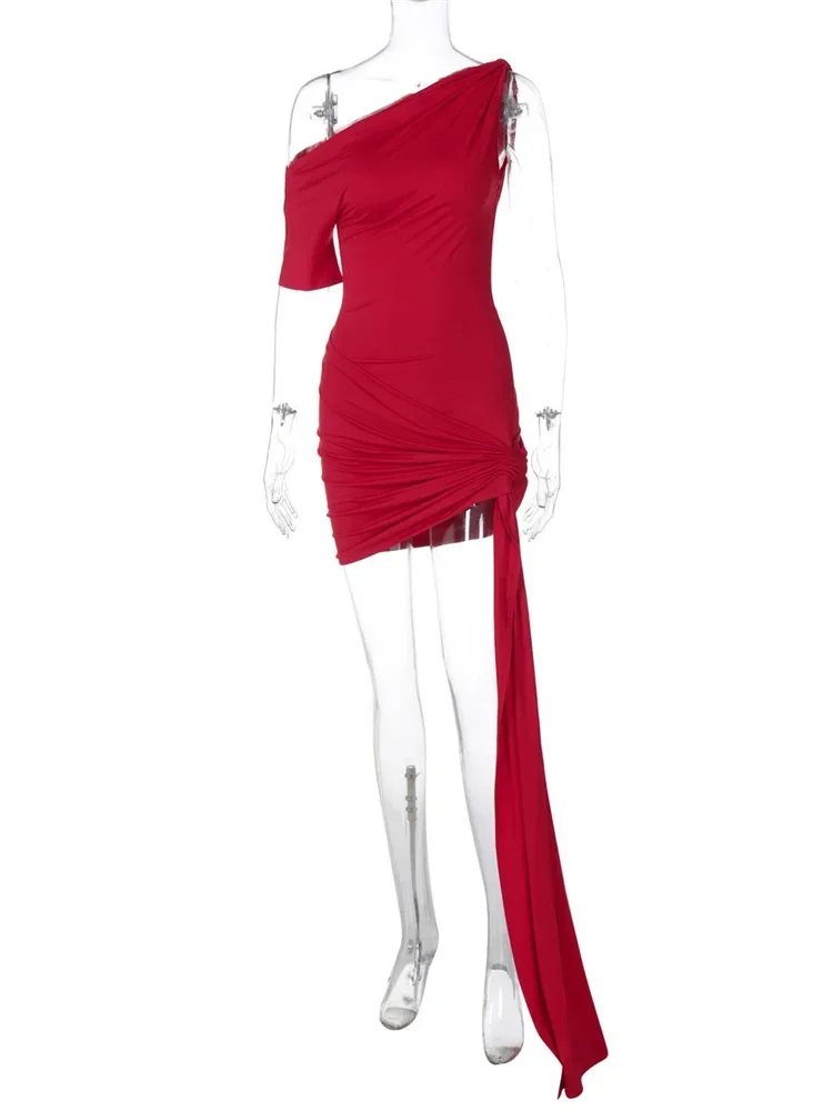 섹시한 여름 슬림 미니 드레스 여성 높은 허리 짧은 소매 한 어깨 패치 워크 파티 드레스 여성을위한 Y2k Bodycon 드레스