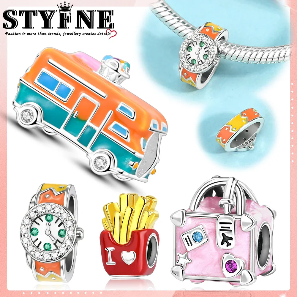 Travel 925 Silver Orange and Blue RV, Pink and Red Luggage, Watch, I Love Fries Charm Beads Fit Original DIY Bracelets For Women