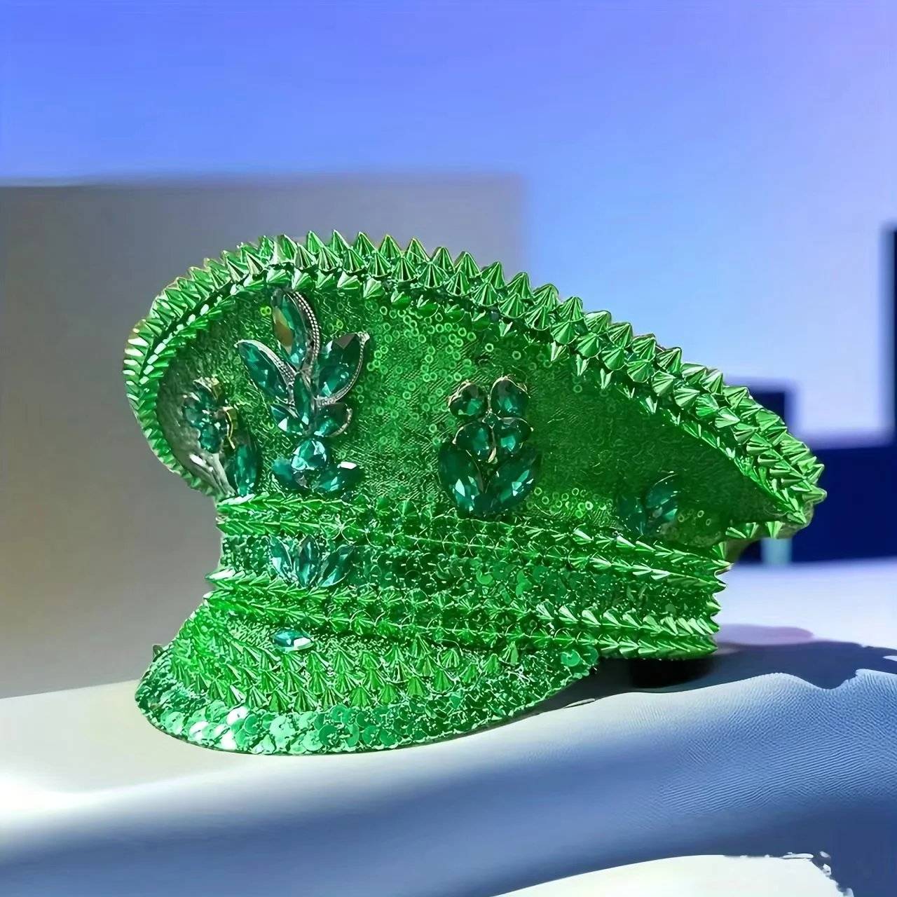 HongLuan Cappello da capitano con anello in pelle laser giallo con strass e berretti militari per donna, accessori per festival rave e berretto da festa da uomo