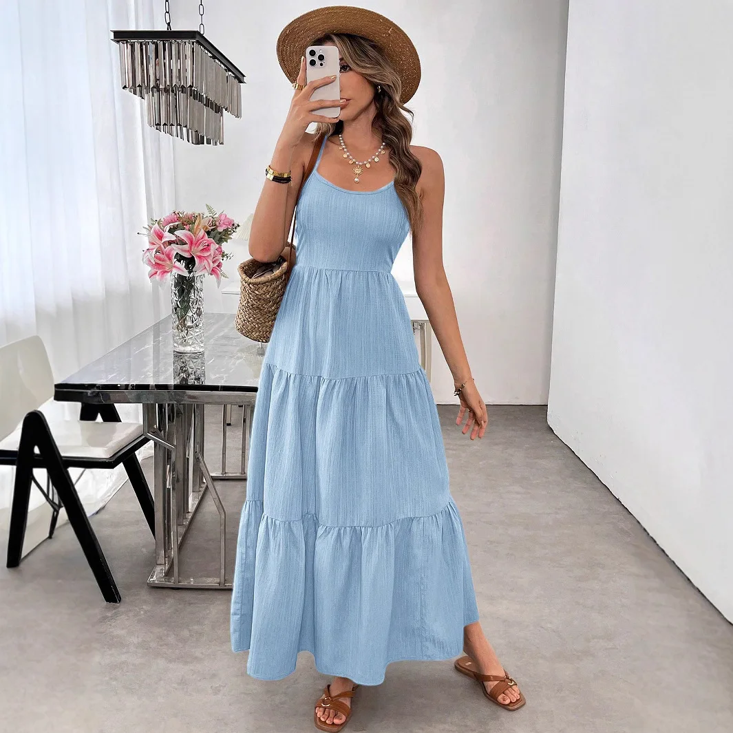 Vestidos de verano 2025 Vestidos básicos midi en capas con lazo liso y espalda descubierta con tirantes finos y cuello redondo para mujer