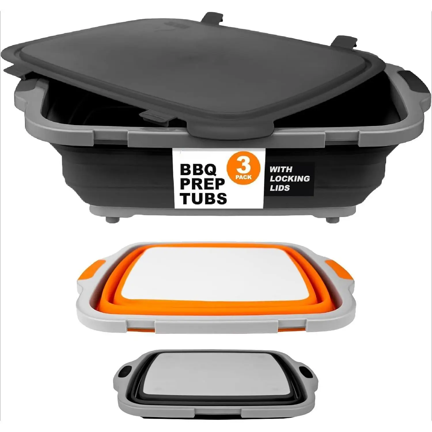

Collapsible BBQ Prep Tubs 3-Piece Set- For Meal Prep Marinating Food Storage - Includes Cutting Board & Lid