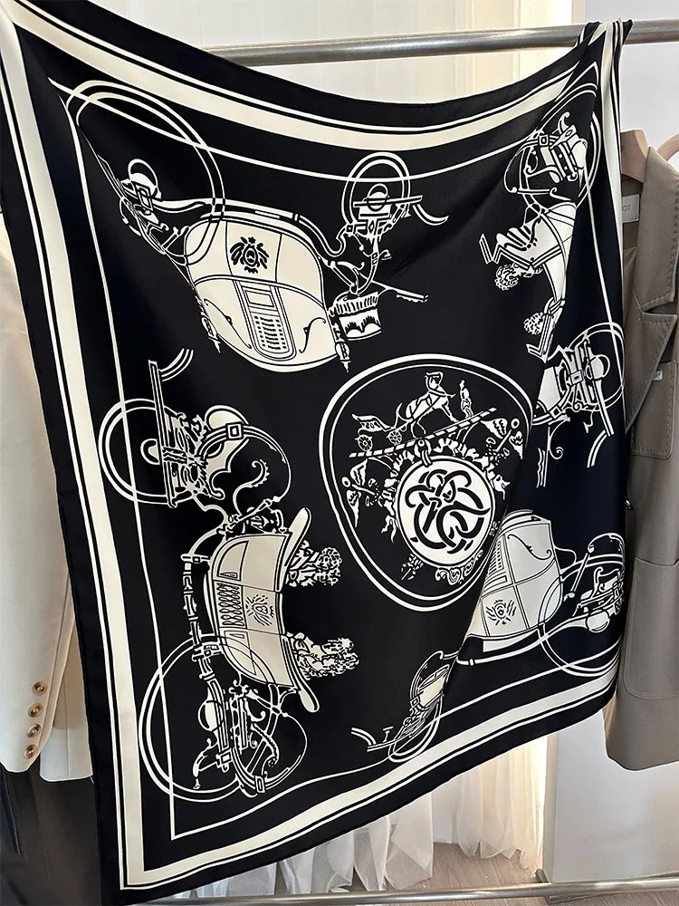 

Black Carriage Twill Silk Scarf Hand Rolled Scarfs Square Neck Scarves Bag Bandannas Tops Decoration Head Hair Accessories Gift