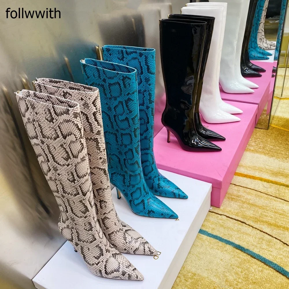 Snake Pattern Knee High Fashion Boots Spike Heels Pointed Toe Simulation Animal Prints Shoes 2024 Autumn Winter New Women Boots