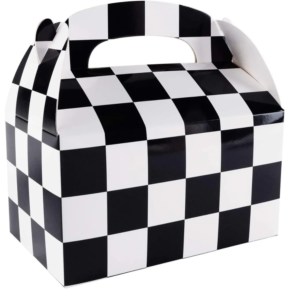 

12 Pack Black and White Checker Racing Flag Pennant Treat Gift Paper Cardboard Boxes with Handles