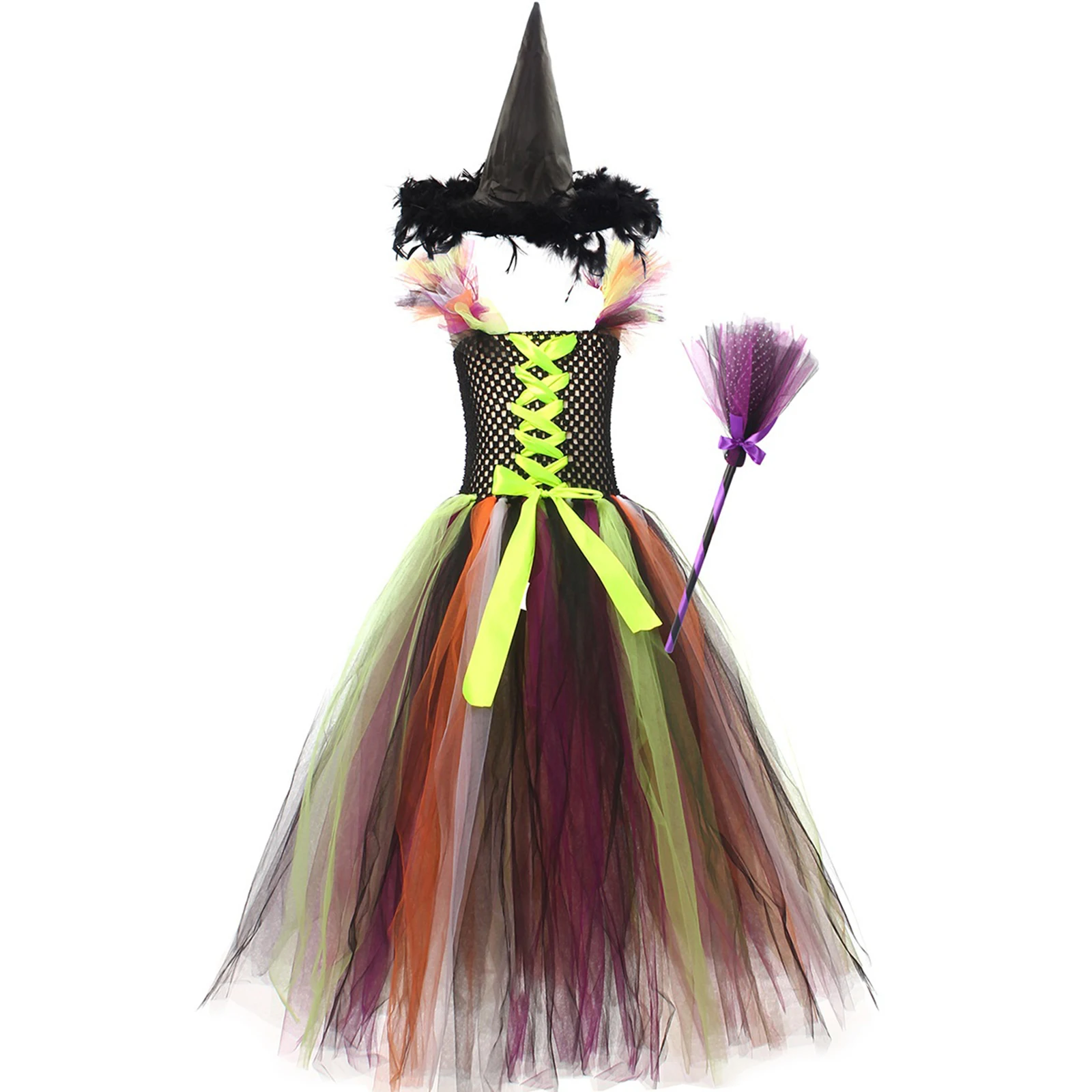 Girls Witch Costume Outfit Cross Tie-Up Tulle Dress Witch Hat Broomstick for Halloween Cosplay Party