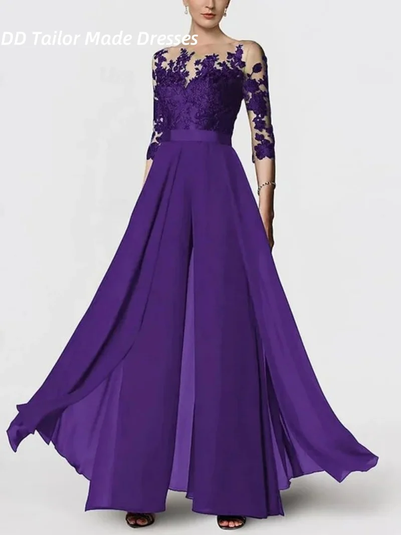 

Elegant Purple Mother Of The Bride Pants Suits Lace Appliques Half Sleeves Chiffon Wedding Party Gown For Groom Mom Customized