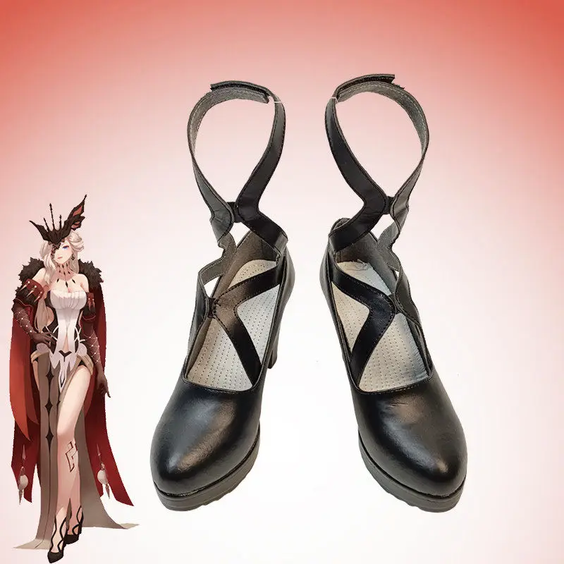 Anime Genshin Impact Rosalyne-Kruzchka Lohefalter Cosplay Shoes Black High Heels Short PU Leather Boots For Halloween Carnival