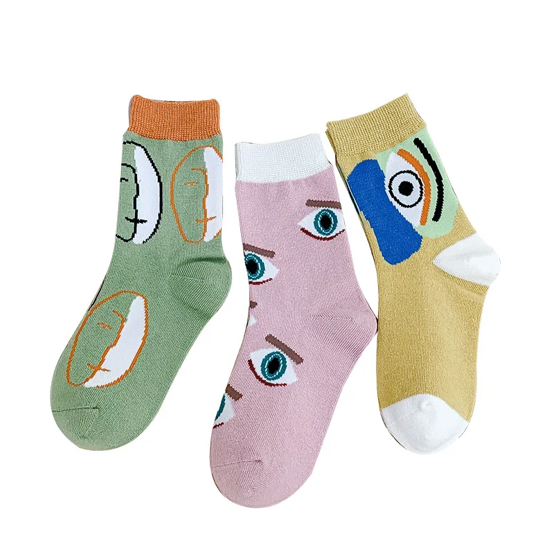 Cartoon-Tier-Abstrakter Druck Frühling-Herbst-Vier-Jahreszeiten-Stil gekämmte Baumwolle bequeme atmungsaktive Kindersocken 3er-Pack