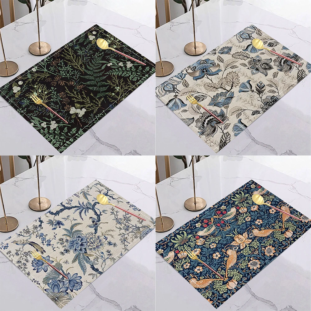 1pc Plant Flower Linen Placemats Multicolor Flower Printed Insulation Mats Nordic Kitchen Dining Room Decorative Placemats