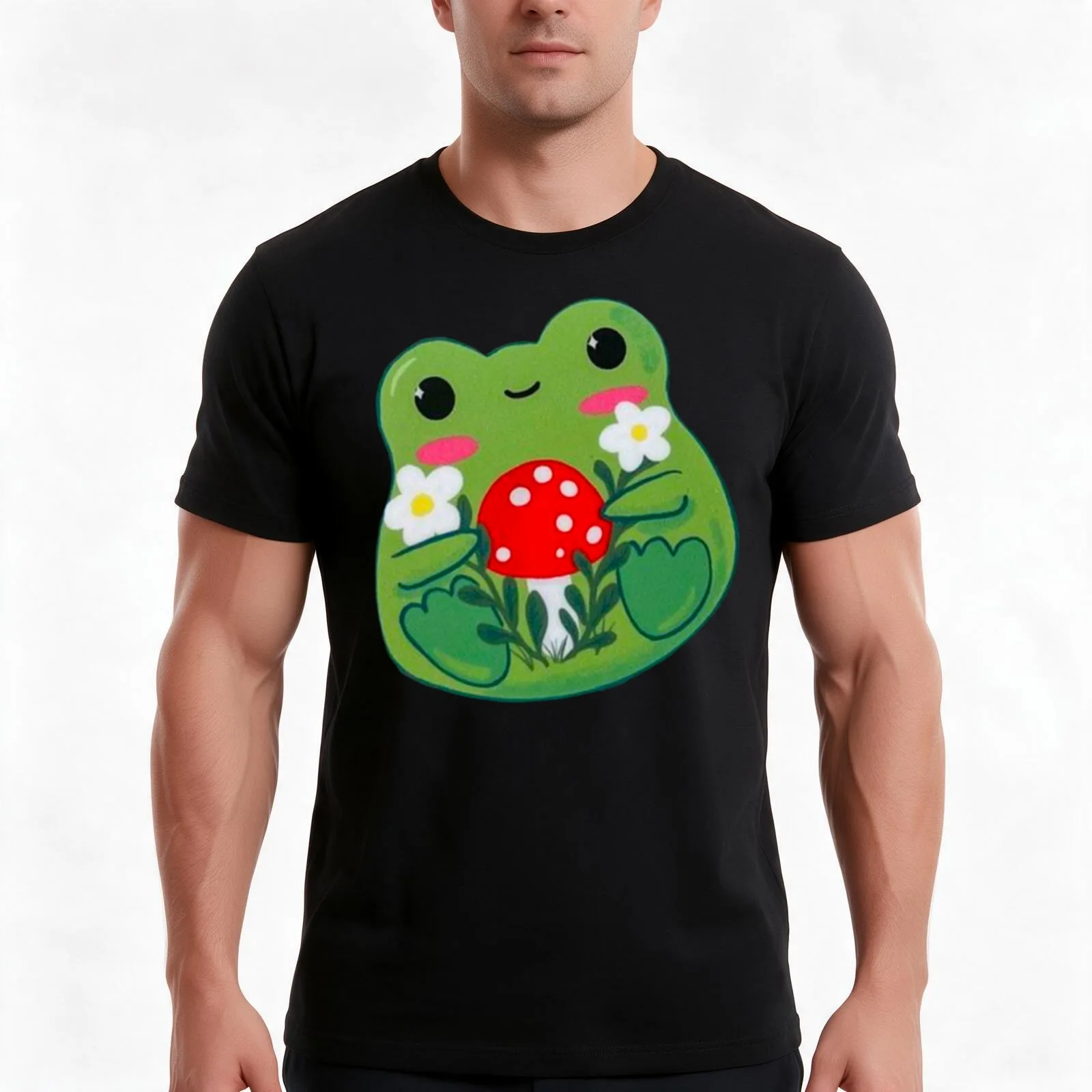 Cute Frog with mushroom in hand, Cute garden Frog, Cute Frog with Fowers and Mushrooms T-Shirt, Summer Casual Cotton Tee