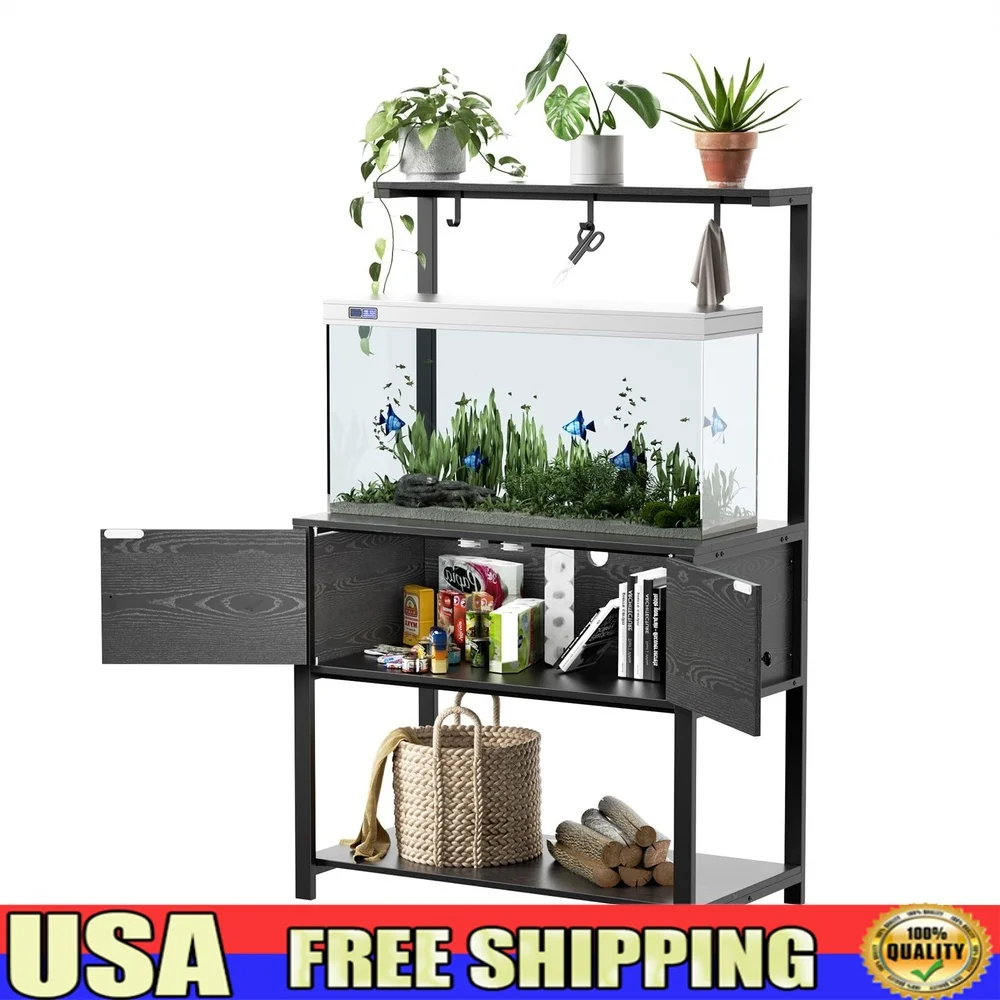 

40 Gallon Fish Tank Stand with LED Light USB Outlets Metal Frame Storage Shelf Moveable Hooks Aquatic Display