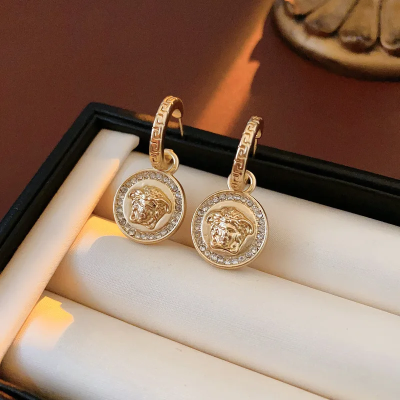 Retro Diamond-encrusted Lion Head Round Letter Geometric Silver Needle Earrings Fashion French Niche Temperament Premium