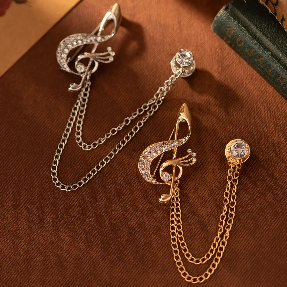 Exquisite Men's Musical Note Brooch Tassel Double Chain Music Pins Collar Buckle Paired with Suit Accessories and Chest Pin