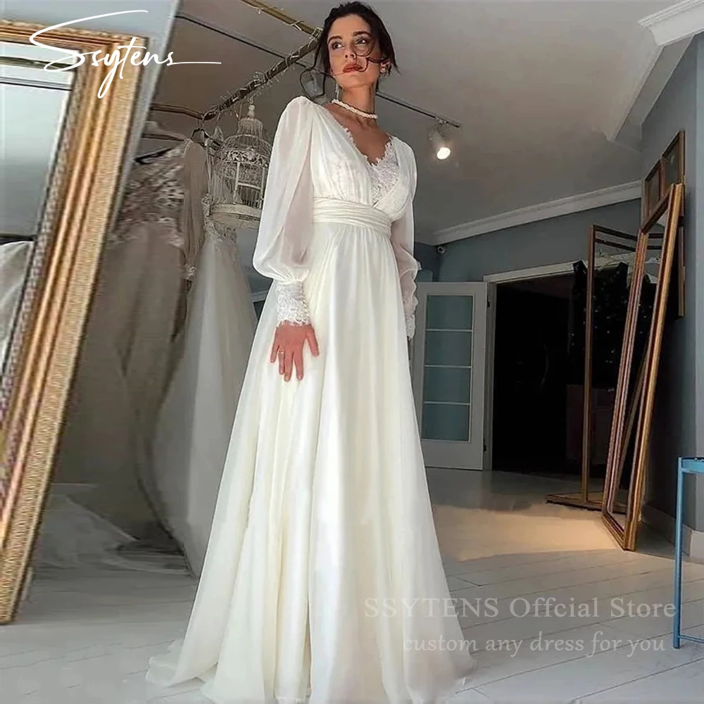 

SSYTENS Charming Ivory Wedding Dresses Vestidos De Novia V Neck Pleat Applique Bridal Gowns Elegant Long Organza Bride Dresses