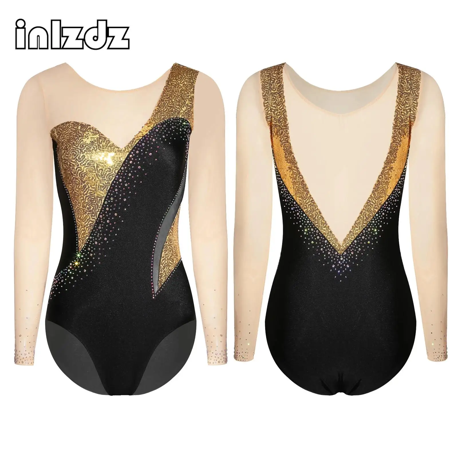 Body da ginnastica per danza per donna Pattinaggio di figura Costumi di danza classica Body a maniche lunghe con paillettes lucide a rete trasparente