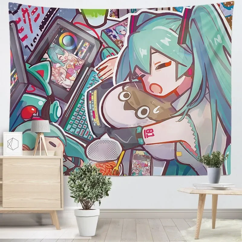 Anime Style Tapestry, Colorful Virtual Singer Wall Hanging with Tech Elements, ACG Decor for Bedroom Dorm Background