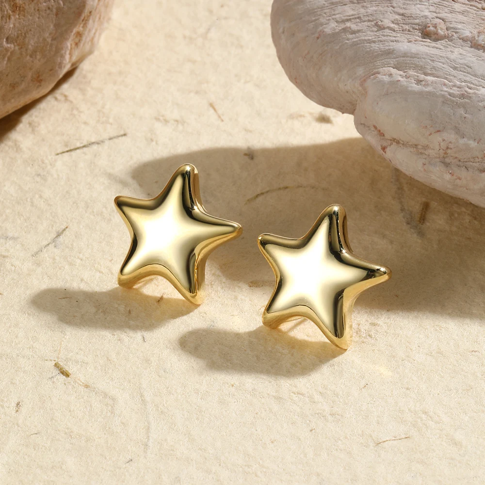 Minimalist  Smooth 18K Gold Plated Star Shape Stud Earrings Shiny Charm Jewelry for Women Waterproof Gift 2024