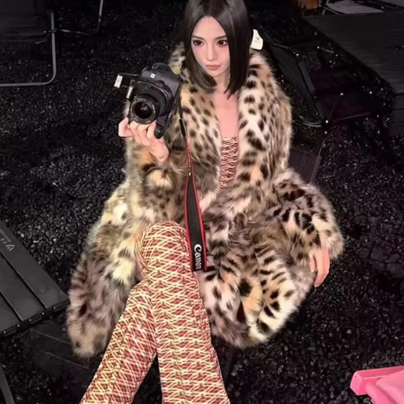 EAEOVNI Cappotto lungo in pelliccia moda leopardo donna streetwear caldo giacca vintage in colore a contrasto temperamento inverno nuovi vestiti