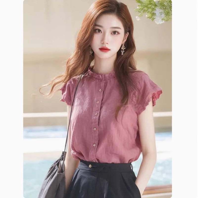 2025 New Streetwear Ruffle Edge Stand Up Collar Fly Sleeve Shirt Women Summer Unique Beautiful Short Sleeves Sweet Tops Women's