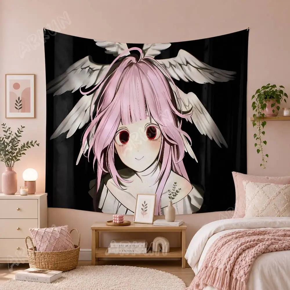 Dark Core Anime Girl Tapestry Pink Hair Multi Winged Angel Gothic Aesthetic Black Background Bedroom Dorm Room Wall Decor