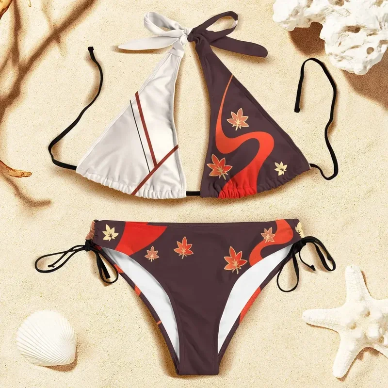 2023 Anime Kaedehara Kazuha Swimsuit Cute Genshin Impact Cosplay Bikini Sets Costume Summer Maple Leaf Pattern Tops and Pant # 1