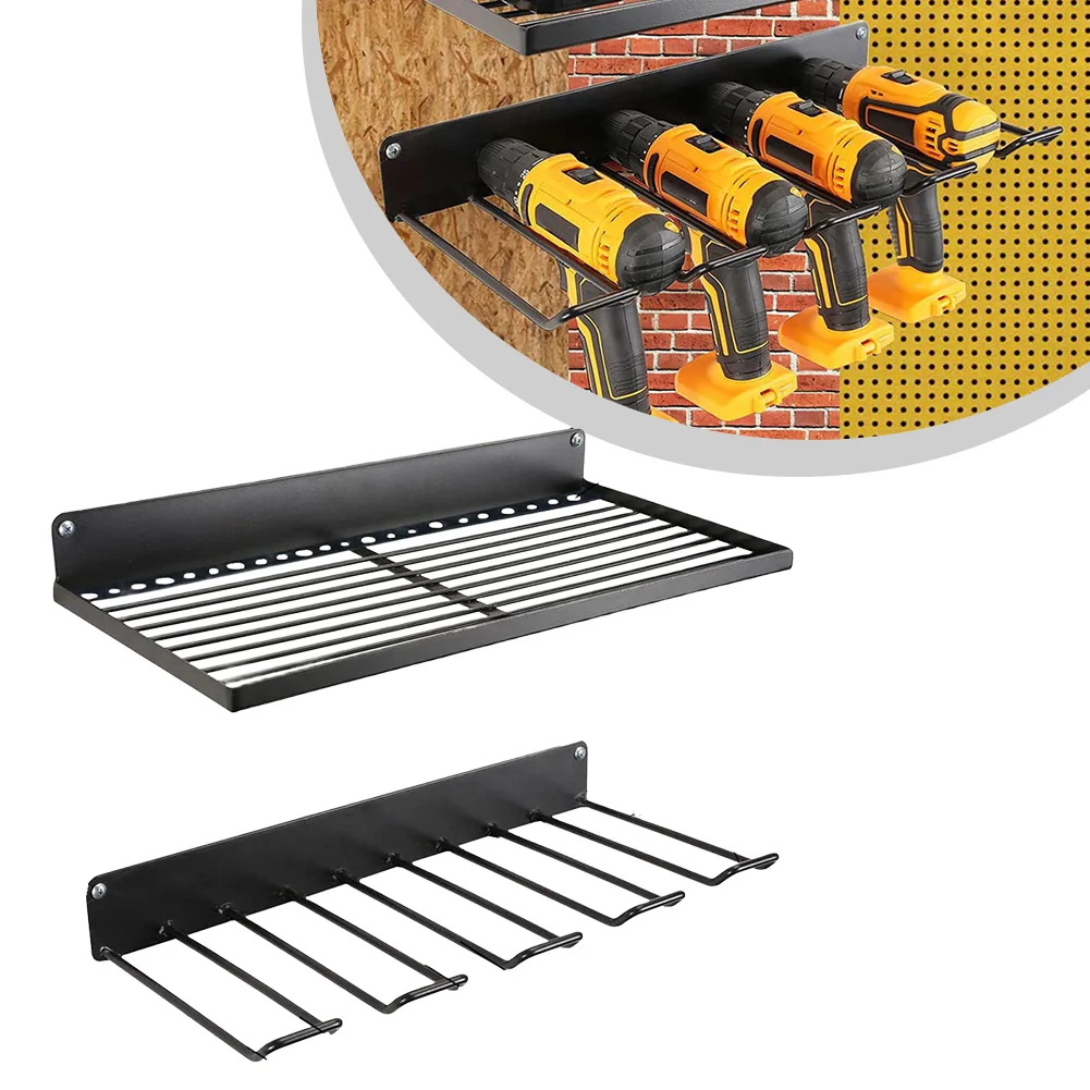 Black Steel Wall Mount Drill Holder For 4 Tools Two Level Mesh Rack Organizer For Garage Workshop Storage Accessories