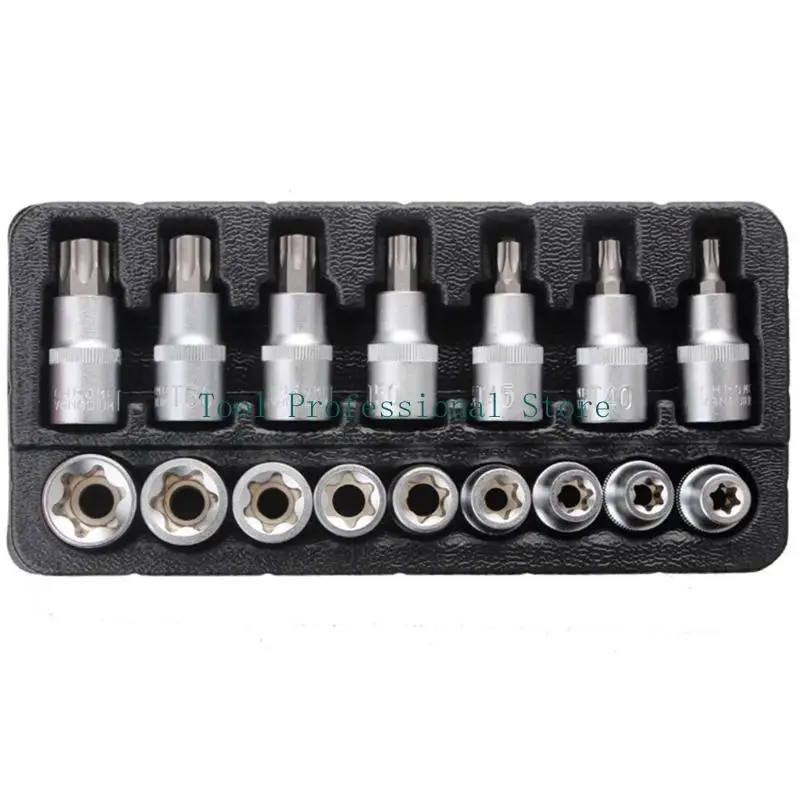 57QF Torx Bit Socket Set with for Case E10-E24 T30-T70 16 Pcs Steel Star Bit Set for Cr-V Steel 1/2-inch Drive Hand Repair To