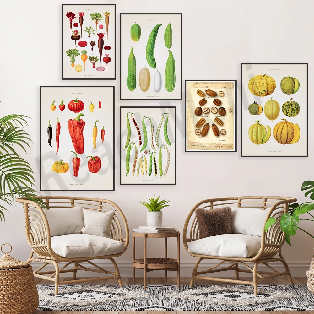 Pecans, kale plants, zucchini, squash, onions, peppers, root vegetables, beans, squash retro botanical print, kitchen poster