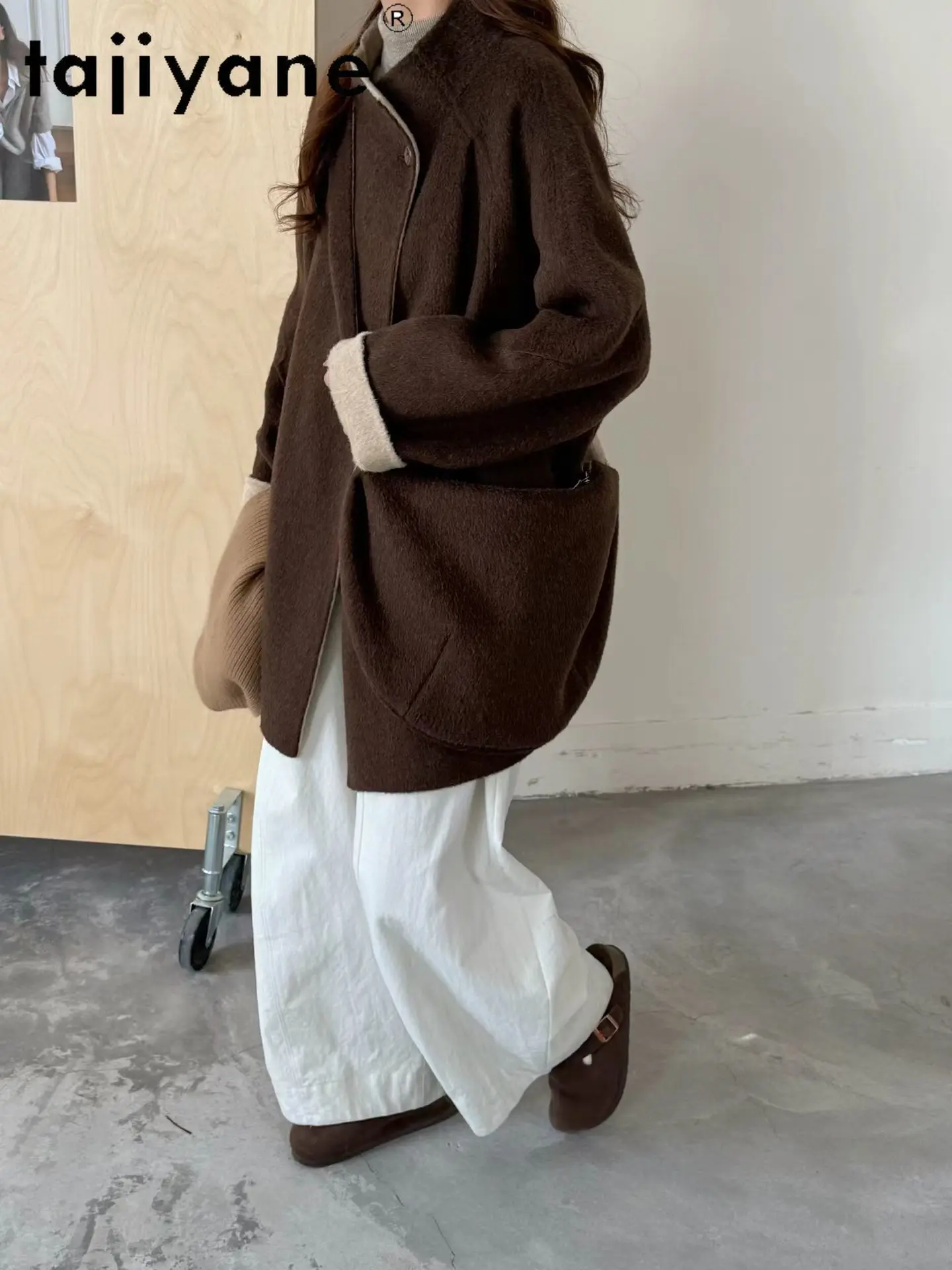 معطف صوف TAJIYANE 10% من الألبكة 90% للنساء عالي الجودة ملابس خارجية متوسطة الطول سترات نسائية دافئة ملابس شتوية للسيدات 2025 سبکول ويج