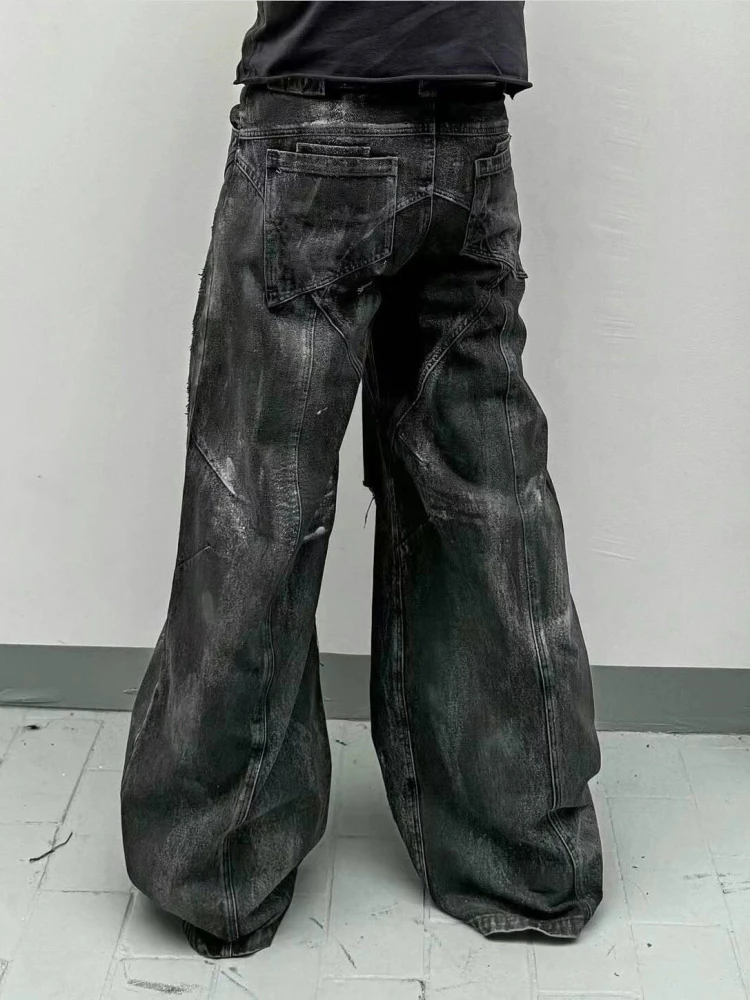 Jeans Masculinos Pretos dos com Pintura, Corte Solto e Perna Reta, Moda Jovem com Corte 3D, Resistentes à Sujeira e g...