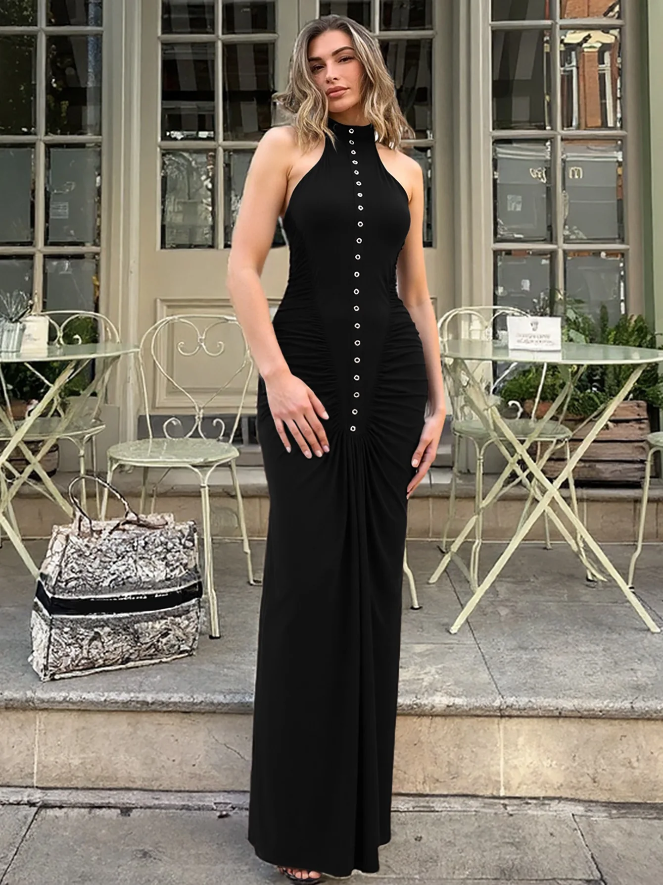 ドレス レディース ゼブラ柄 サテン装飾ボタン付き プリーツ マキシ丈 レセプション ビジネス プロフェッショナル フォーマル オフィス エレガント モダン 通勤