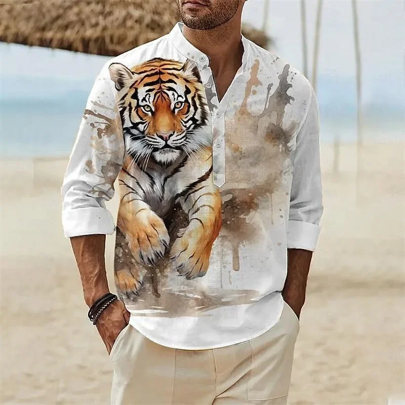 

New Men's Spring and Autumn 3D Digital Printed Button POLO Shirt Stand Up Collar Trendy Casual Linen Top