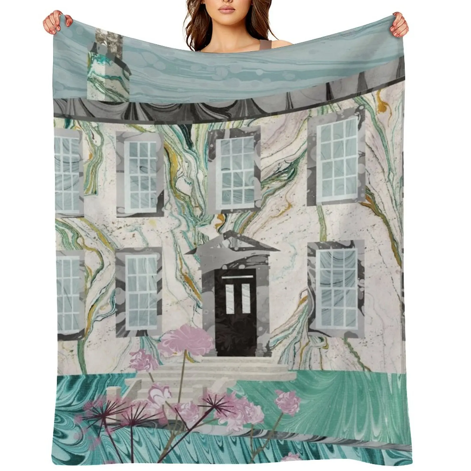 

The Bronte Sisters' Parsonage,Haworth : Collage in Marbled Bookbinding Paper Throw Blanket Bed covers Soft Warm Blankets