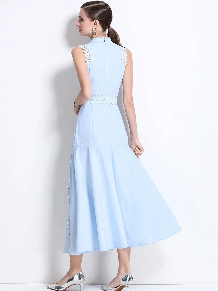 SMTHMA New Fashion European Lace Hollow Out Design Runway Dress Women's Sleeveless Stand Collar Slim Waist Long Dress Vestidos