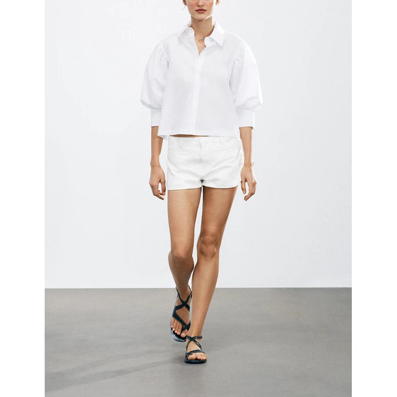 Casual Cotton lin irt Spring Summer New Arrival Women's Commute Sle Long Sve Turn-down Collar Puffy Sve Button-up