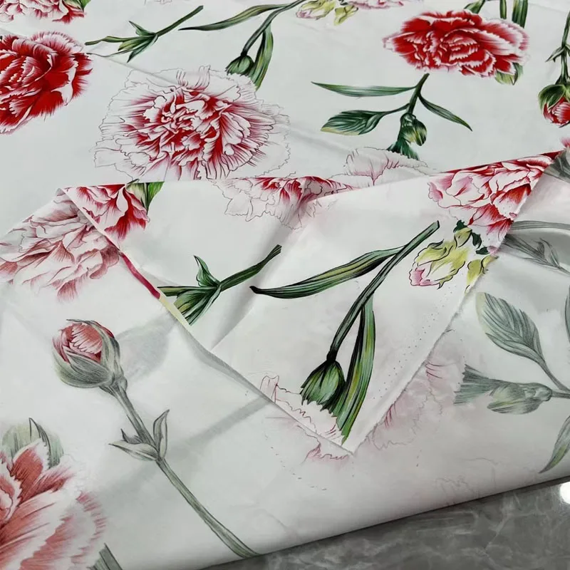 European And American Pink Carnation Flower Printed Cotton Fabric For Women Dress Blouse Pants Handmade DIY Cloth Sewing