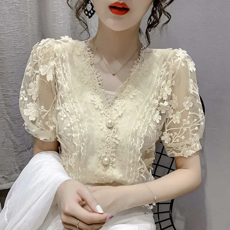 Lace Tops Women Pearls V-neck Chiffon Short Sleeve Shirt flower Blouse Printed Floral Transparent Women Sexy Crop Top Blouses