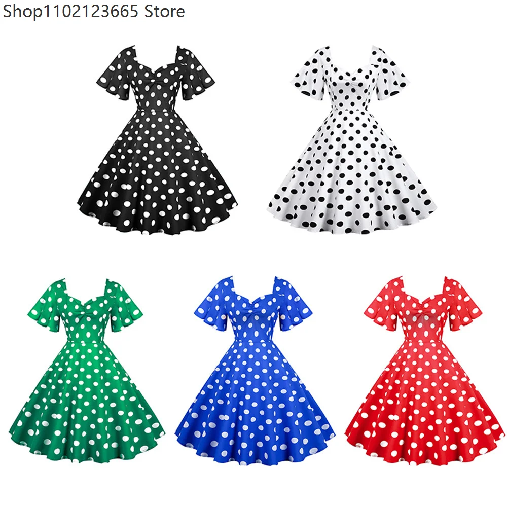 

Cosplay Elegant Vintage Polka Dot Dress 1950s Cocktail Women Summer Rockabilly Robe Femme Butterfly Sleeve Party Swing Sundress