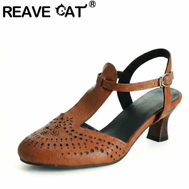 REAVE CAT White Female Sandals Round Toe 6cm Block Heel Buckle T-Strap Breathable Casual Daily Shoes Large Size 46 47 48 49 50