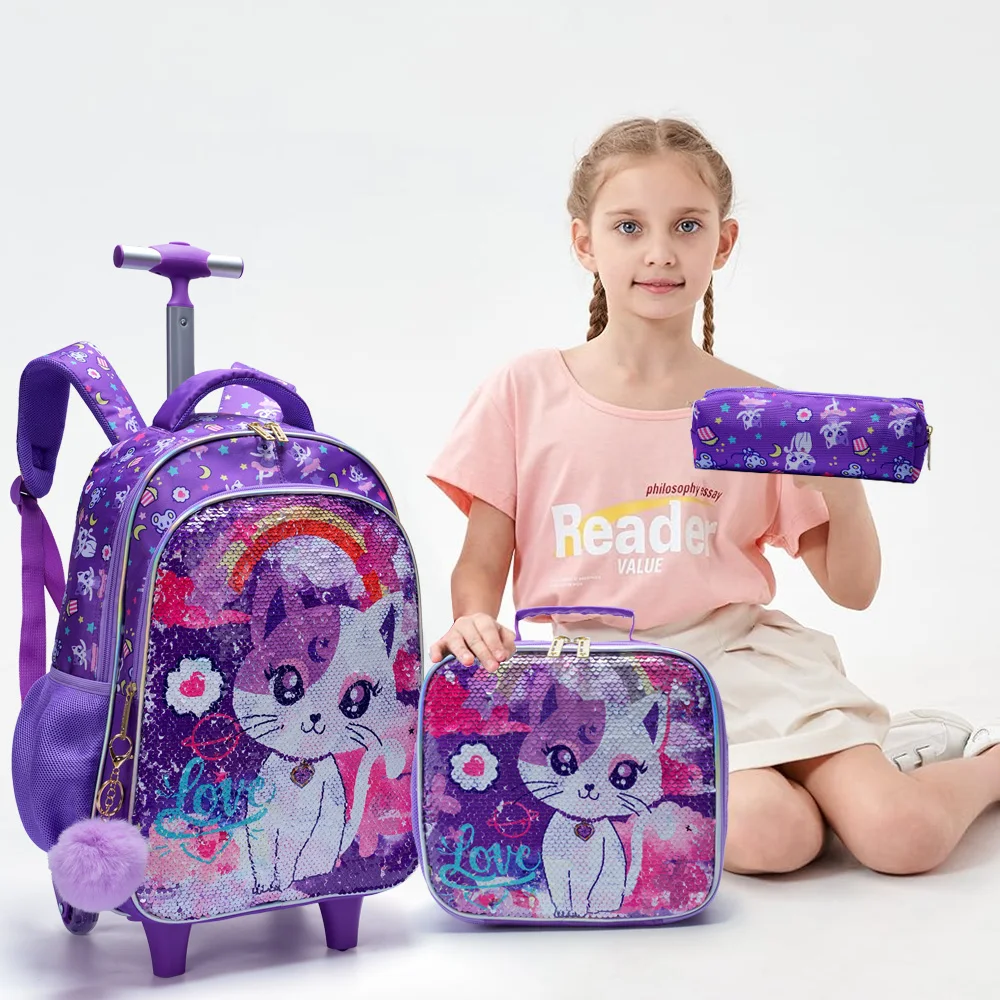 3PCS set Rolling Backpack For Girls, Cute Cartoon Cat Sequin Wheeled Bookbag For Elementary Students, With Lunch Box And Pen Bag