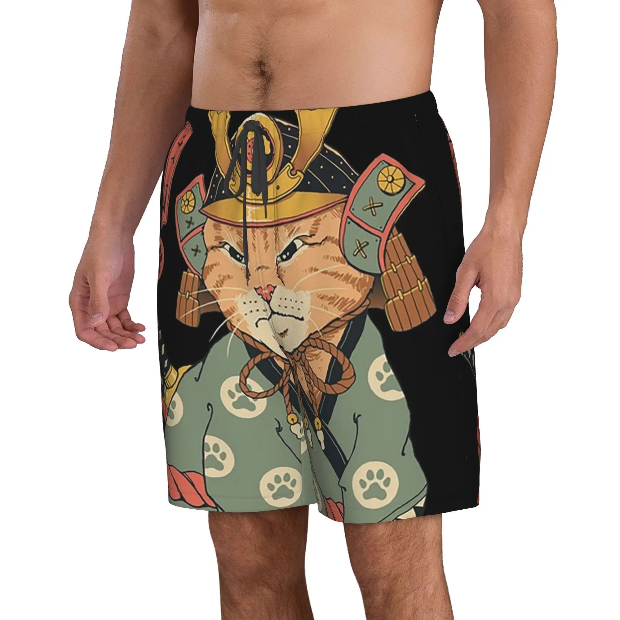 Anime Japanese Samurai Warrior Cat Trunks Beach Board Shorts Casual Quick Dry Swimming Summer Men Pants
