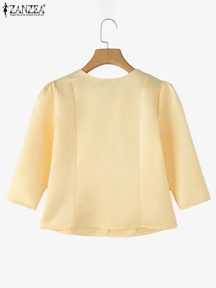 ZANZEA Tuniche da donna Camicette vintage con scollo a V Camicette eleganti in tinta unita 2025 Estate Casual Manica a sbuffo a 3/4 Blusas oversize