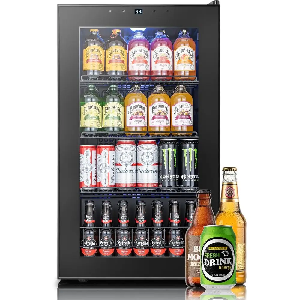 

Beverage Rerigerator, 130 Can Mini ridge with Glass Door, Adjustable Shelves, Digital Temperature Control 34°-54°, Drink Cooler
