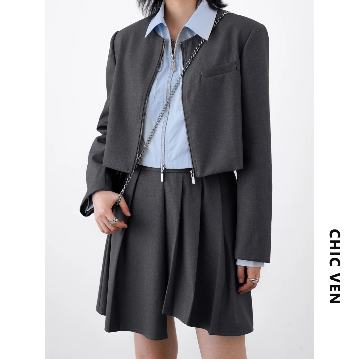 CHIC VEN Women\'s Blazer Skirt Suits Long Sleeve Solid Short Jacket A-line Pleated Two-piece Set Female Coat Spring Summer 2022