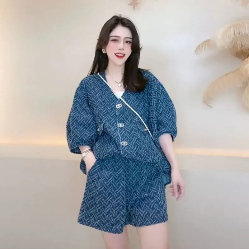 Fashion Casual Sets Women Light Luxury Denim Short Sleeve Shirts And Shorts 2 Piece Suits Women's Summer Chic Retro Shorts Set